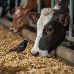 starling near dairy cow
